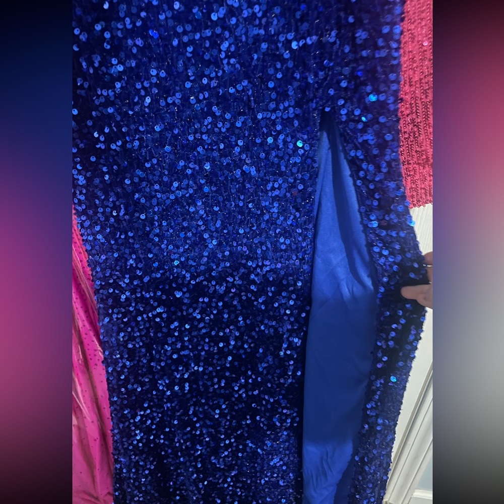 Sequin royal blue dress with slit, one shoulder size 2